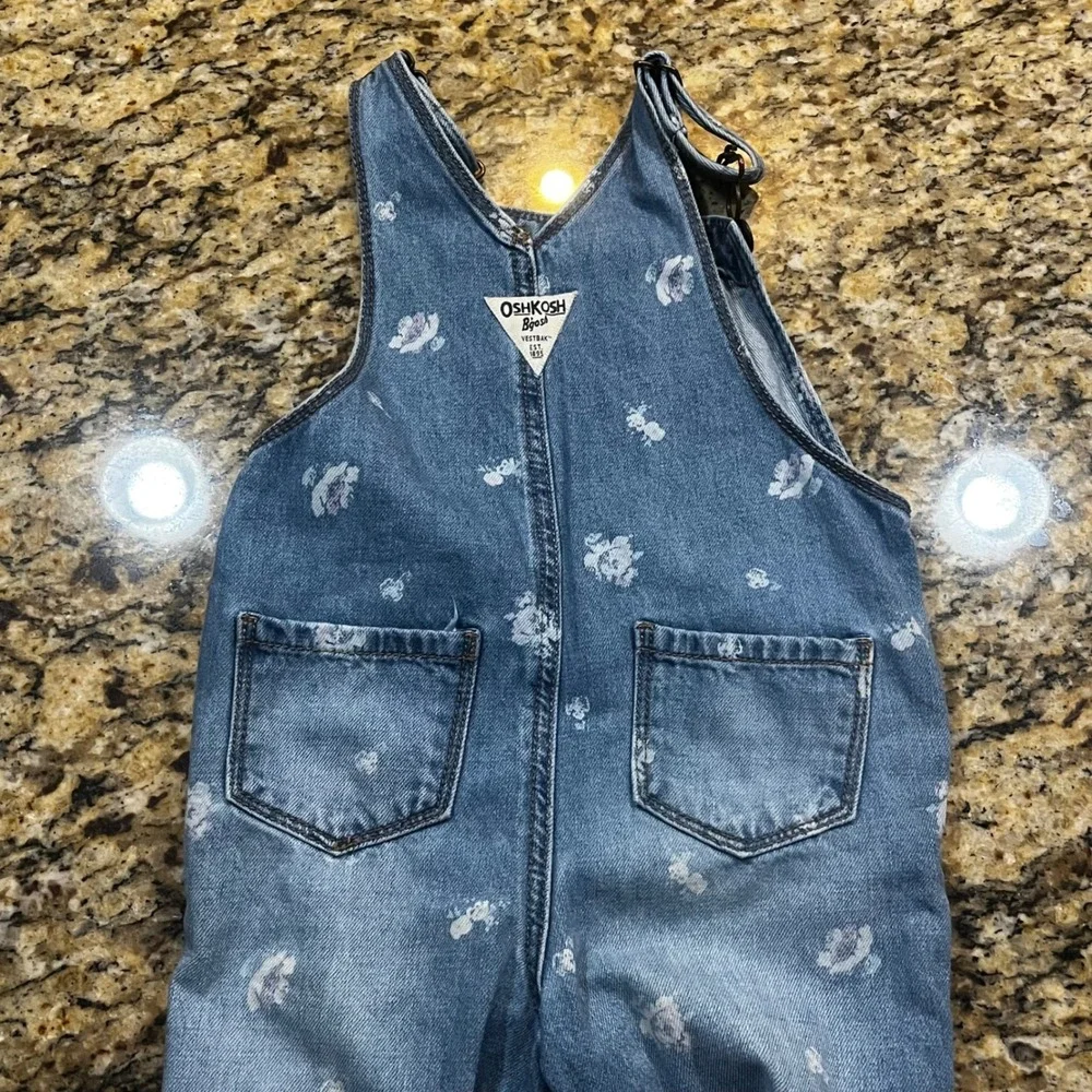 OshKosh Bgosh Girls 3T Floral Denim Overalls Blue Cotton Bib Overalls Pocket‎